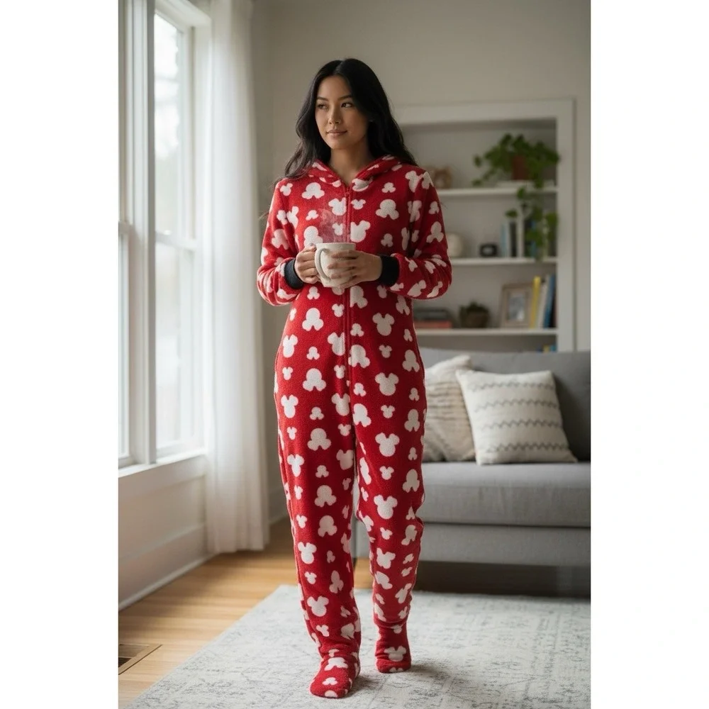 Adult Small Disney‎ Party Park Mickey Minnie Mouse One Piece Pajamas Footed PJ S - Picture 16 of 16